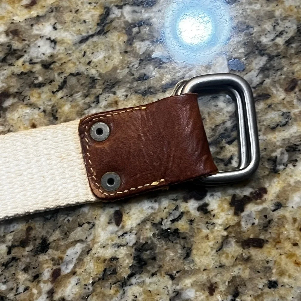 American Eagle Mens Canvas Web Belt D-Ring Shore Regional Off-White Leather Trim
